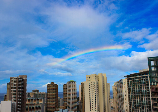 City Skyscrapers with a Rainbow in the Sky in Honolulu, Hawaii