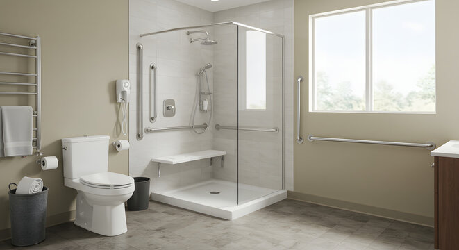 Modern accessible bathroom featuring a shower, toilet, and grab bars, with natural light illuminating the space