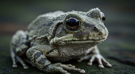 Fototapeta premium Close up portrait of a toad covered in water droplets, sitting outside.