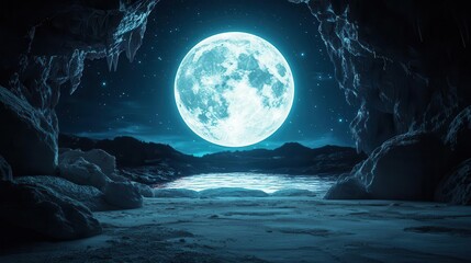 Glowing blue alien moon with floating rock formations and massive caverns leading to underground lakes