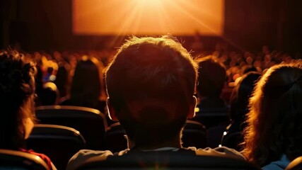 Back view of audience in a dimly lit theater watching a bright screen, capturing the immersive video experience from a low-angle perspective.