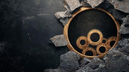 Spinning time portal embedded in a forgotten ruin, golden gears turning in intricate patterns