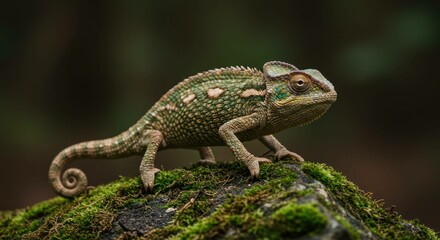 Naklejka premium A chameleon perched on a mossy rock in a lush environment, close-up.