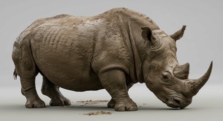 Fototapeta premium Detailed rhino portrait, mud-covered, gray background, powerful and realistic