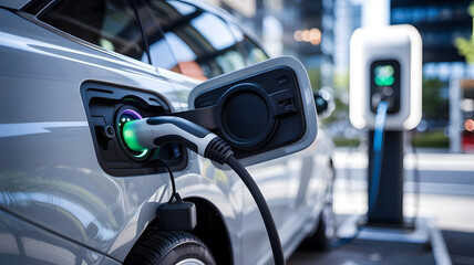 electric vehicle (EV) charging port with a power supply cable plugged in modern technology and sustainable concept