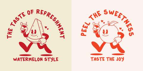 Funny cartoon character of watermelon and orange fruit. Can be used as Sticker, posters, prints. Retro cartoon style. Vector illustration