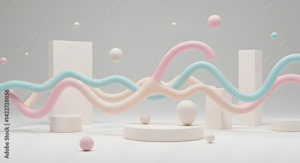 Poster pastel abstract 3d render: wavy lines and geometric shapes in soft hues