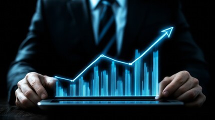 Businessman presents an upward trending neon chart on tablet