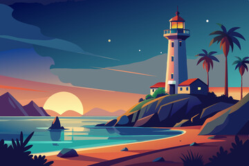 Seaside Sentinel: Illuminated by a beacon of light, a majestic lighthouse stands sentinel on the rugged coastline. Against a stunning sunset, creating a picturesque coastal panorama. generative AI