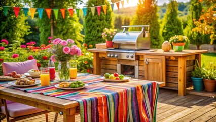 Obraz premium Cozy Outdoor Setting with Colorful Tablecloth and Refreshing Drinks