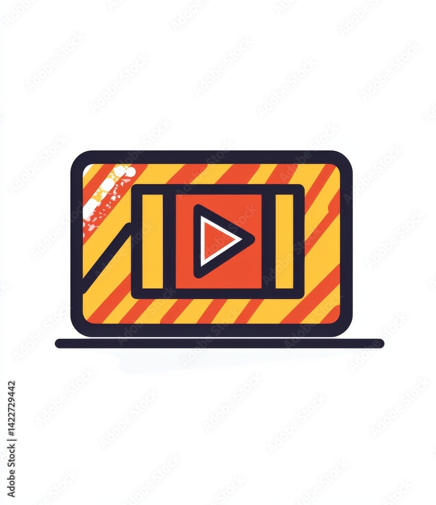 Poster minimalistic video icon in simple line art style with red and orange color palette