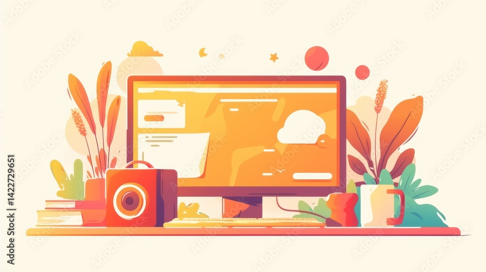 Aufkleber minimalistic video icon in simple line art style with red and orange color palette