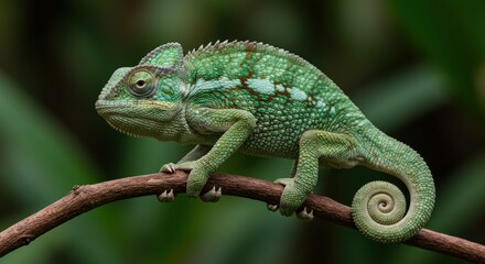 A green chameleon perched on a branch, blending with its tropical environment.