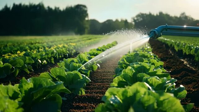 Low-angle video shot of a lush green field being irrigated, showcasing sustainable farming practices under a clear blue sky.