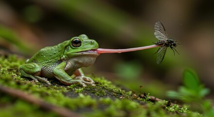 Obraz premium Green frog with tongue out catching a fly in moss covered forest setting.