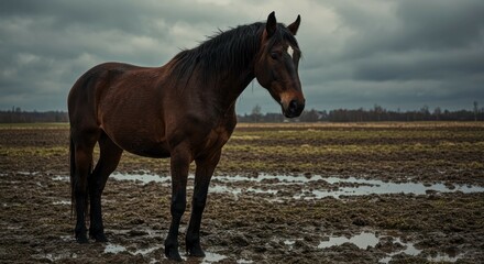 Obraz premium A dark horse stands in a muddy field under a stormy sky, a somber scene.
