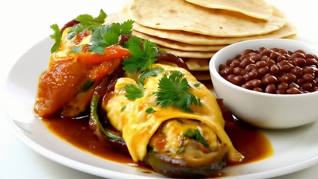 Authentic Chile Rellenos Topped with Melted Cheese and Parsley Served with Warm Tortillas and Beans on a White Plate