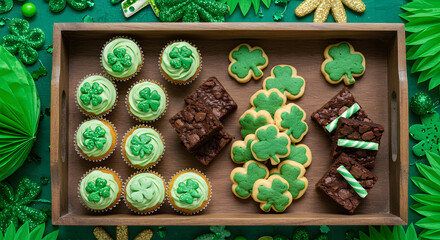 St. Patrick's Day Treats: Shamrock Cupcakes, Brownies & Cookies on Green Tray