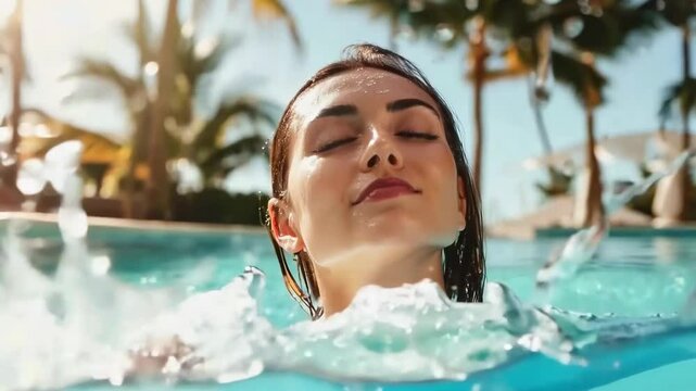 Close-up, low-angle shot of a woman emerging from a pool, water splashing, capturing a refreshing summer vibe, ideal for a vacation video.