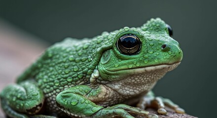 Fototapeta premium Close-up of a green frog with water droplets, focusing on its texture.