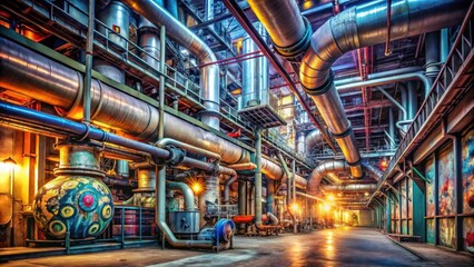 Obraz premium Interior View of Expansive Industrial Boiler Room with Towers and Pipes