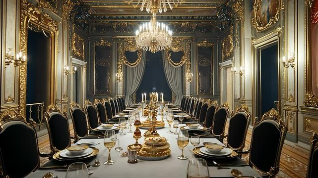 Ornate Dining Hall, Formal Setting, Luxurious Feast, Elegant Banquet