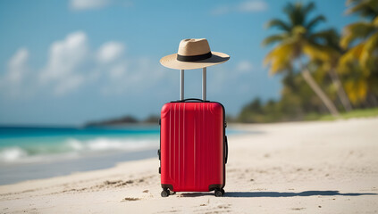 vibrant red luggage bag with hat standing upright, isolated against a softly blurred beach background