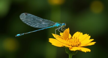 A vibrant blue dragonfly rests gracefully on a bright yellow flower.