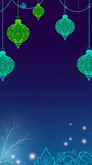 A rich indigo to deep blue gradient forms a night sky, illuminated by several hanging ornate lanterns in shades of green and turquoise.