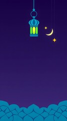 A deep indigo canvas evokes a tranquil night, featuring a softly glowing turquoise and yellow lantern hanging above stylized clouds