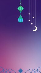 A serene gradient of purple and pink hues creates a twilight backdrop, featuring a hanging turquoise and green lantern, a delicate crescent moon, and trailing stars