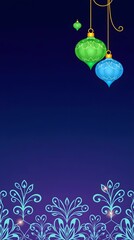 A rich indigo backdrop hosts a pair of hanging ornate lanterns, one green and one blue, casting subtle light. An intricate turquoise floral border graces the bottom, suggesting a festive and elegant o