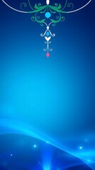 A calming gradient of blue hues provides a backdrop for a delicate green, white, and red ornamental design at the top and soft, glowing blue waves with subtle sparkles at the bottom