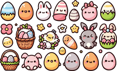 Cute Kawaii Cartoon Easter Elements. Simple Clipart Sticker Set Collection