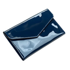 A glossy patent leather clutch in navy blue, isolated on white
