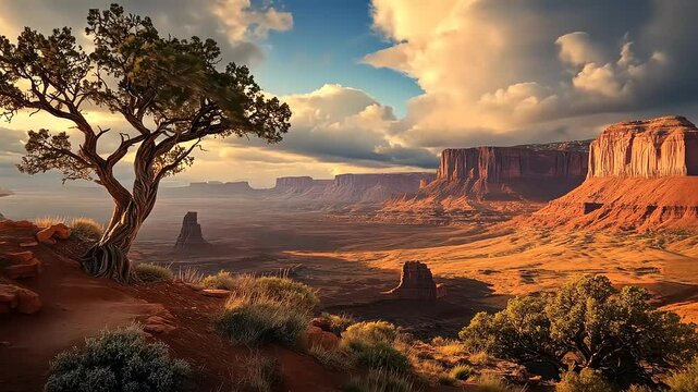 Majestic desert landscape at sunset, illuminated rock formations and distant mesa views