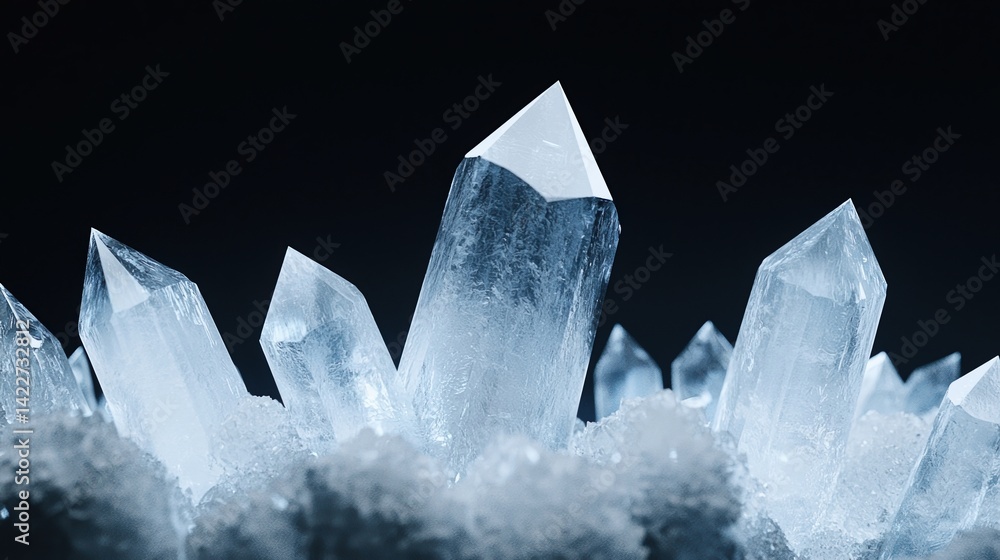 Poster a close-up image of shimmering crystal formations, showcasing their sharp edges and transparent beau