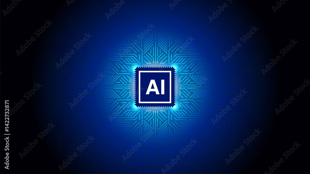 Poster artificial intelligence ai cyber background. brightly glowing ai chip on light circuit board on tech