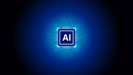 Artificial intelligence AI cyber background. Brightly glowing AI chip on light circuit board on technology blue background. CPU processor or semiconductor on tech bg. Computer microchip on motherboard
