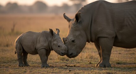 Obraz premium A tender moment between a mother and baby rhino in a grassy field. 