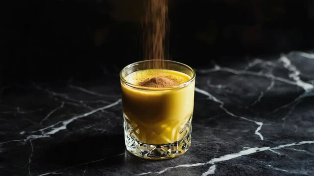 Golden milk being sprinkled with cinnamon powder on a black marble table, close-up view, adding spices to a healthy drink