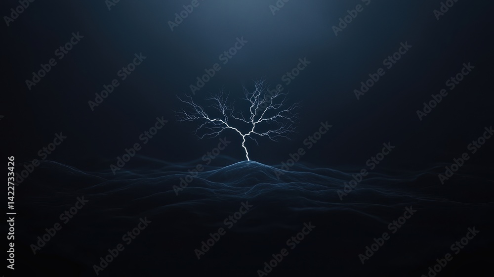 Poster a solitary tree with lightning-like branches emerges from dark waves, creating a striking contrast i