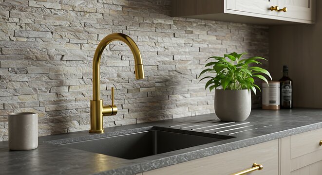 A kitchen sink with a golden faucet and a plant in a pot on the counter against a stone backsplash