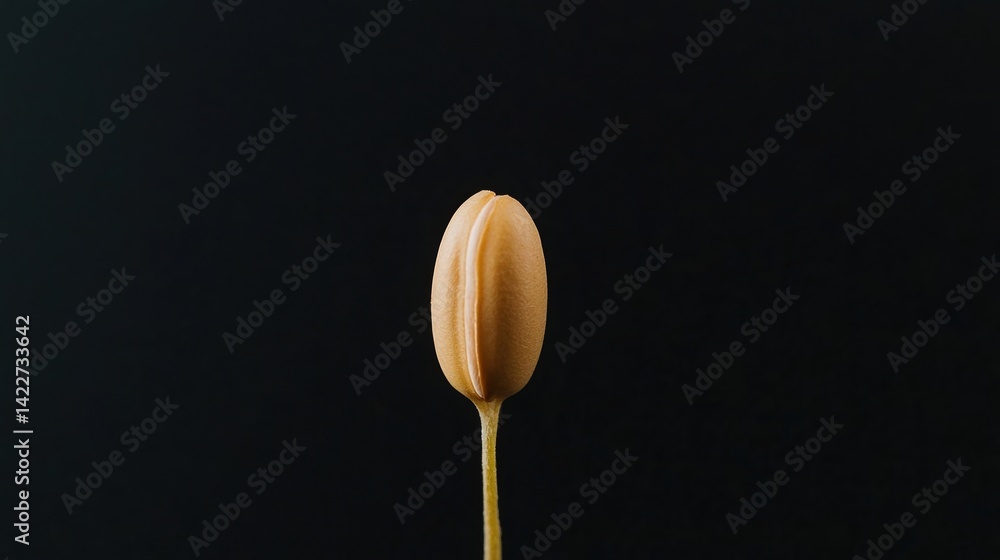 Poster a close-up image of a delicate seed pod set against a dark background, highlighting its smooth textu