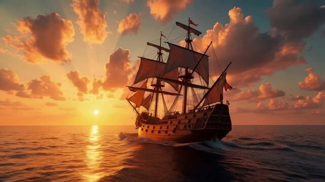 The pirate ship drifts on golden waves, its tattered sails catching the last evening light.