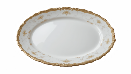 luxurious oval porcelain dinner plate with intricate gold detailing, perfect for elegant dining experiences