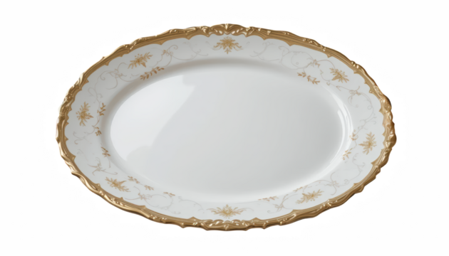 luxurious oval porcelain dinner plate with intricate gold detailing, perfect for elegant dining experiences