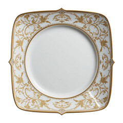luxurious porcelain dinner plate with square shape, featuring intricate gold detailing and classic design. Perfect for elegant