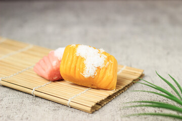 Getuk lindri. Traditional Indonesian cake made from cassava, flour and sugar with grated coconut on top as a topping.