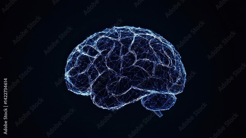 Poster a digital representation of a brain, showcasing a network of connections in a futuristic, glowing de